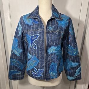 Chicos Design Lined Denim Jacket Embroidered Artsy Boho Embellished size 0 Or Sm